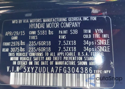 2015 Hyundai Santa Fe Sport 2.0L Turbo из США, поврежденный, VIN 5XYZUDLA7FG304386